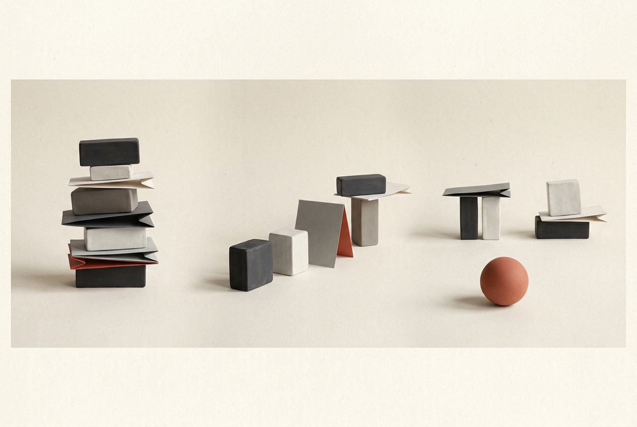 Ceramic blocks shift from a narrow vertical stack into balanced wider groups, keeping the same shapes and materials.