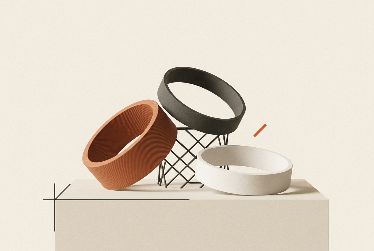 Three geometric shells with different wall thicknesses, visible layers and a supporting lattice.