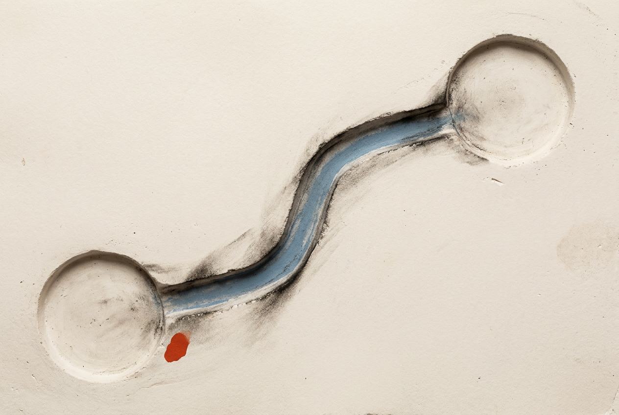 A single continuous blue channel connects two basins in a pale plaster slab without peripheral branches.
