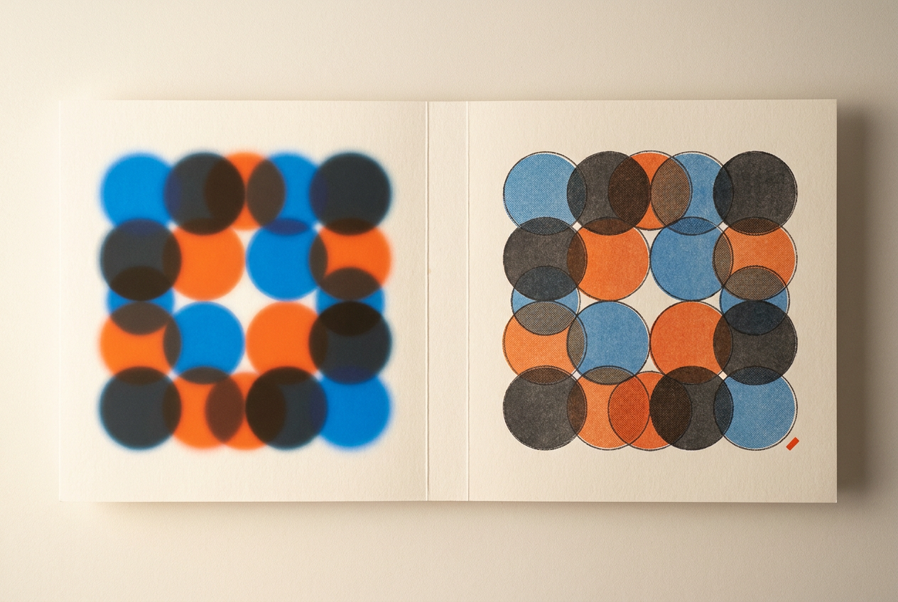 Matching geometric compositions contrast luminous colour with muted pigment and texture on paper.