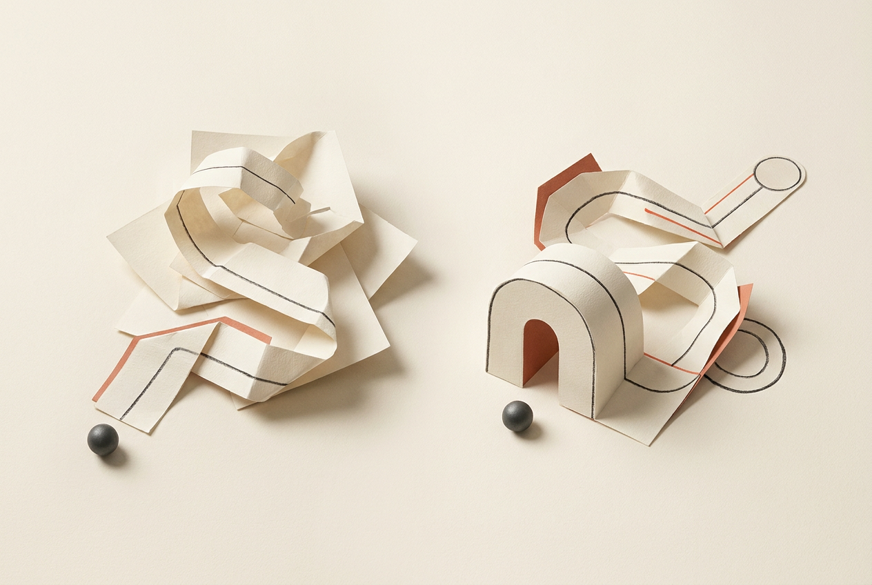 Two folded-paper routes contrast an obscured ending with a visible destination and return loop.