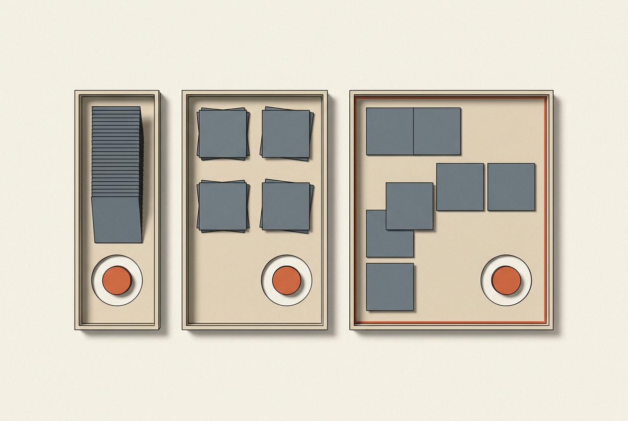 Identical paper tiles form different arrangements in three widening trays, with a terracotta disc near each lower edge.