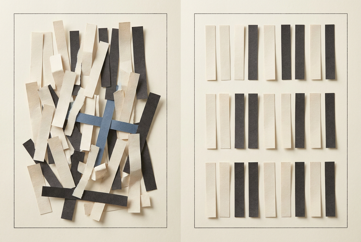 Two groups of paper strips contrast crowded, irregular spacing with evenly spaced rows and aligned ends.