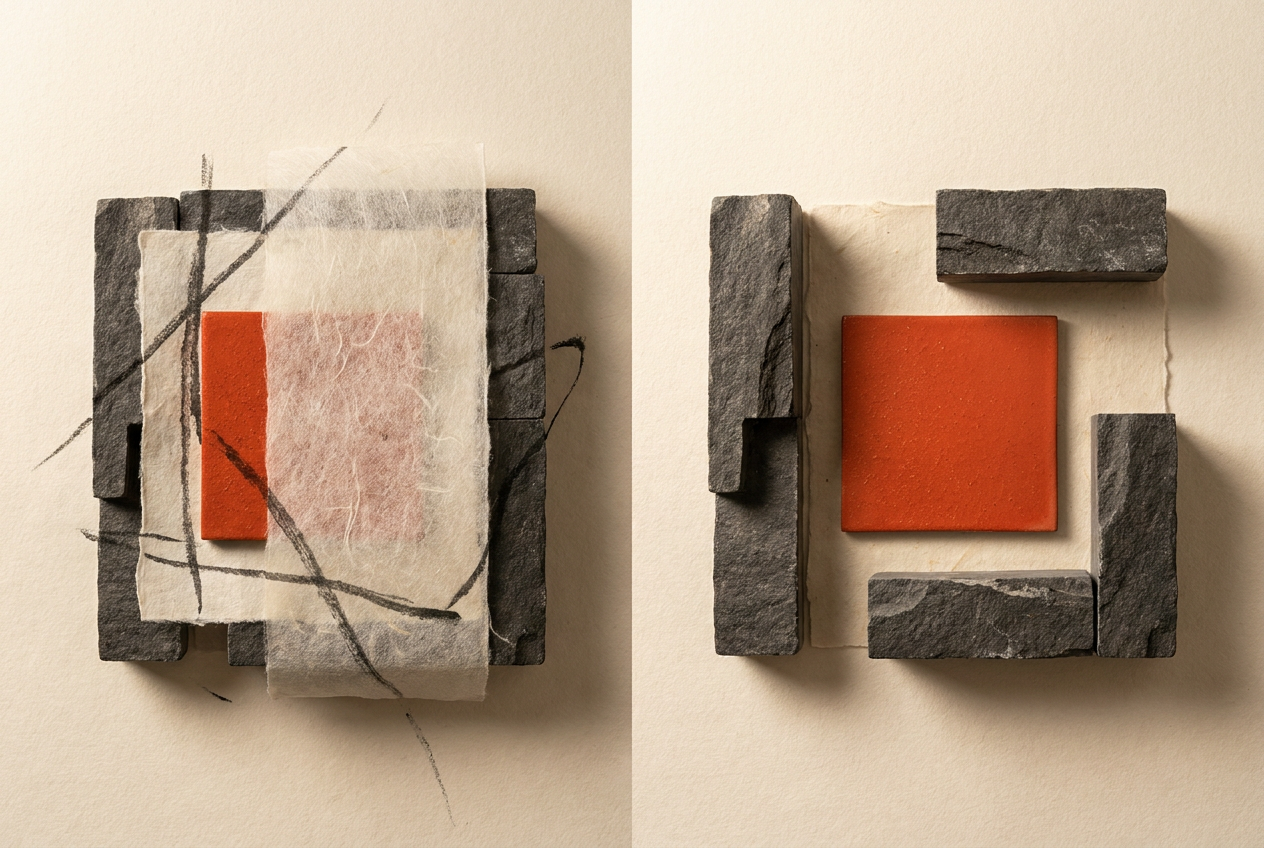 A red tile sits hidden behind layered screens on one side and fully exposed on the other.