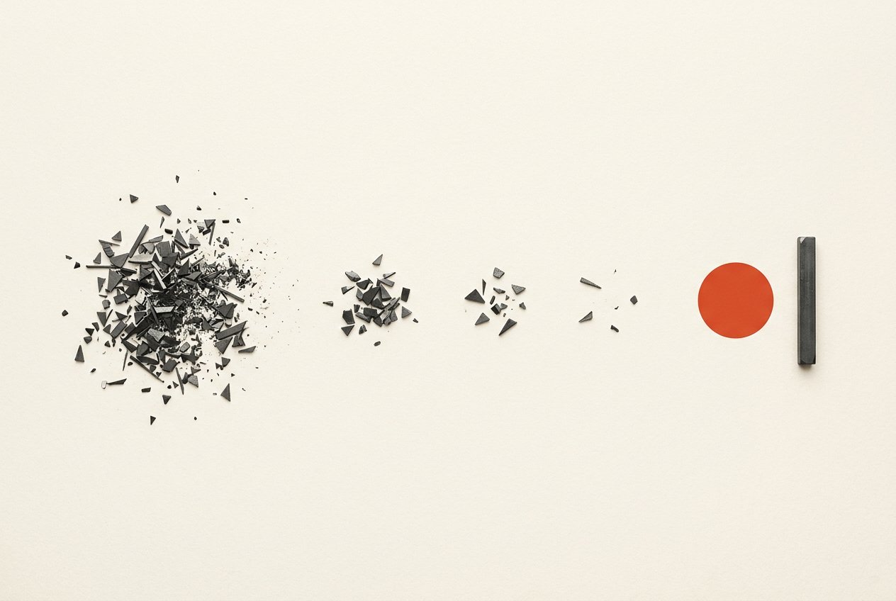 Scattered geometric fragments resolve into small groups and then one clear pair of shapes.