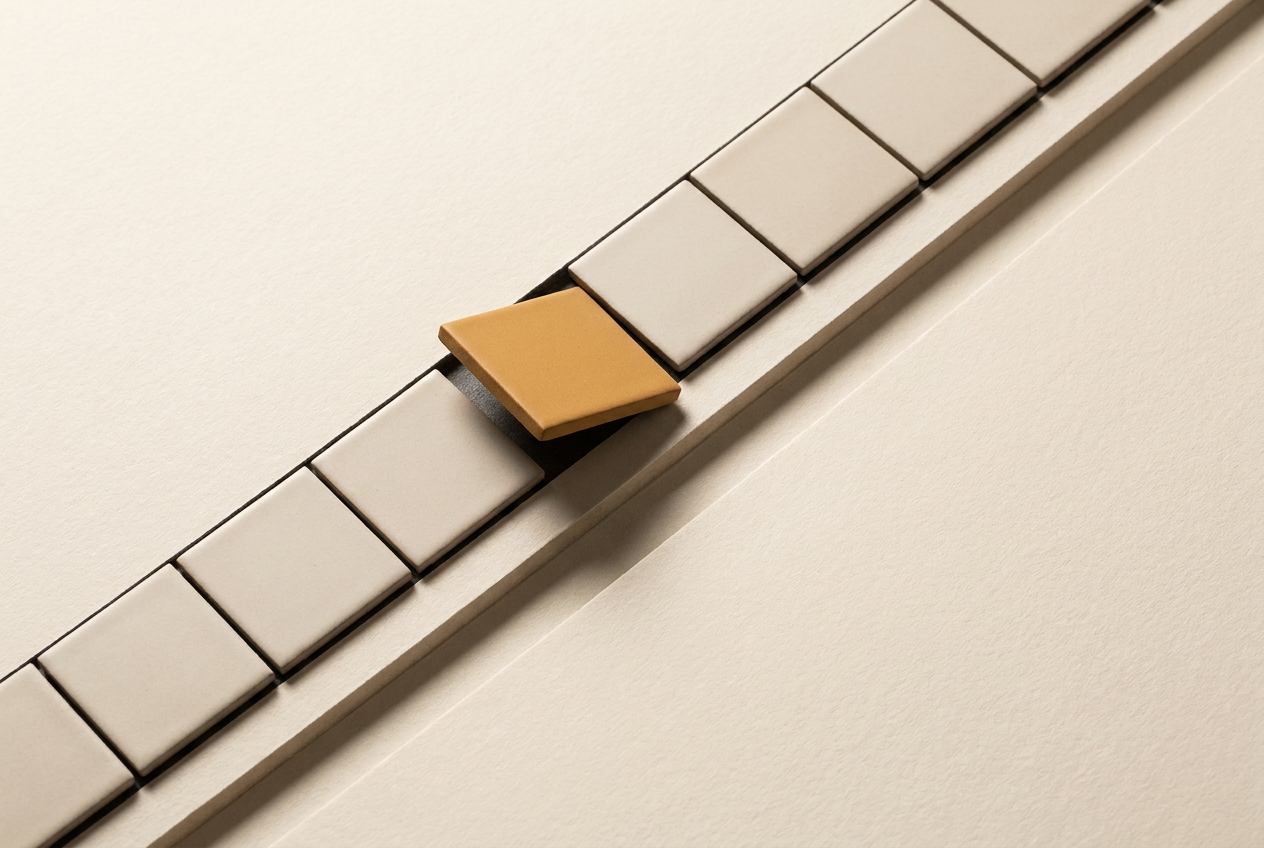 One amber tile sits above its socket while the surrounding ceramic sequence remains intact beside an alternative route.