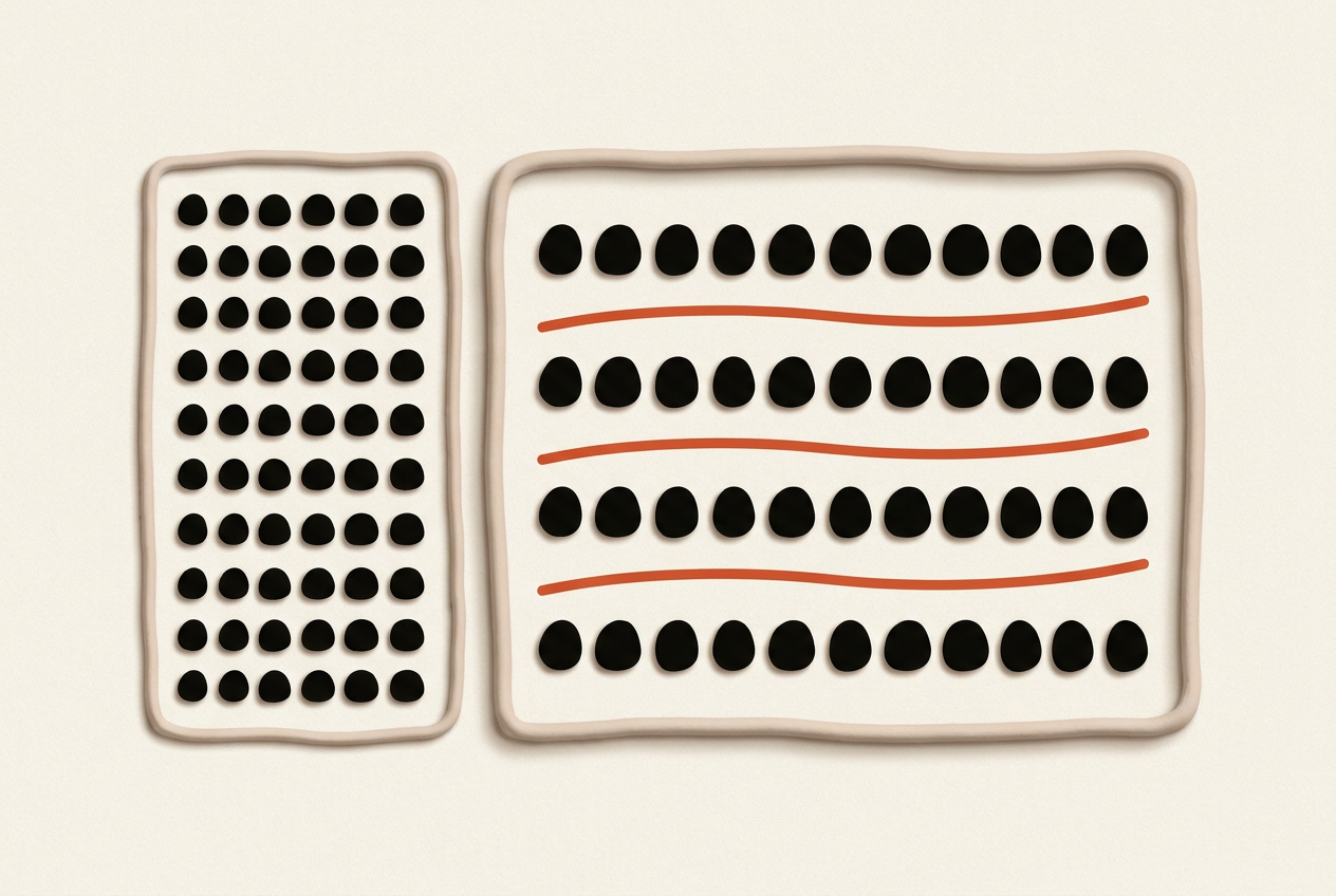Equal-sized dark forms arranged into more rows inside a narrow boundary and fewer rows inside a wide boundary.