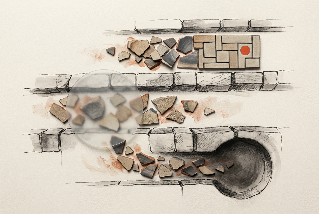 Three stone channels separate ceramic fragments into construction, examination, and a resting recess.