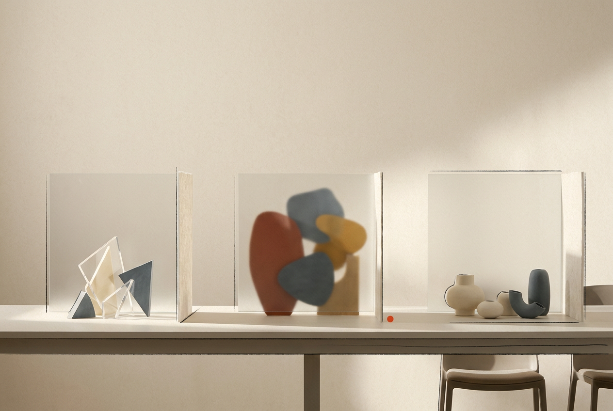 Three translucent screens separating irregular fragments, colour mismatches and forms awaiting release.