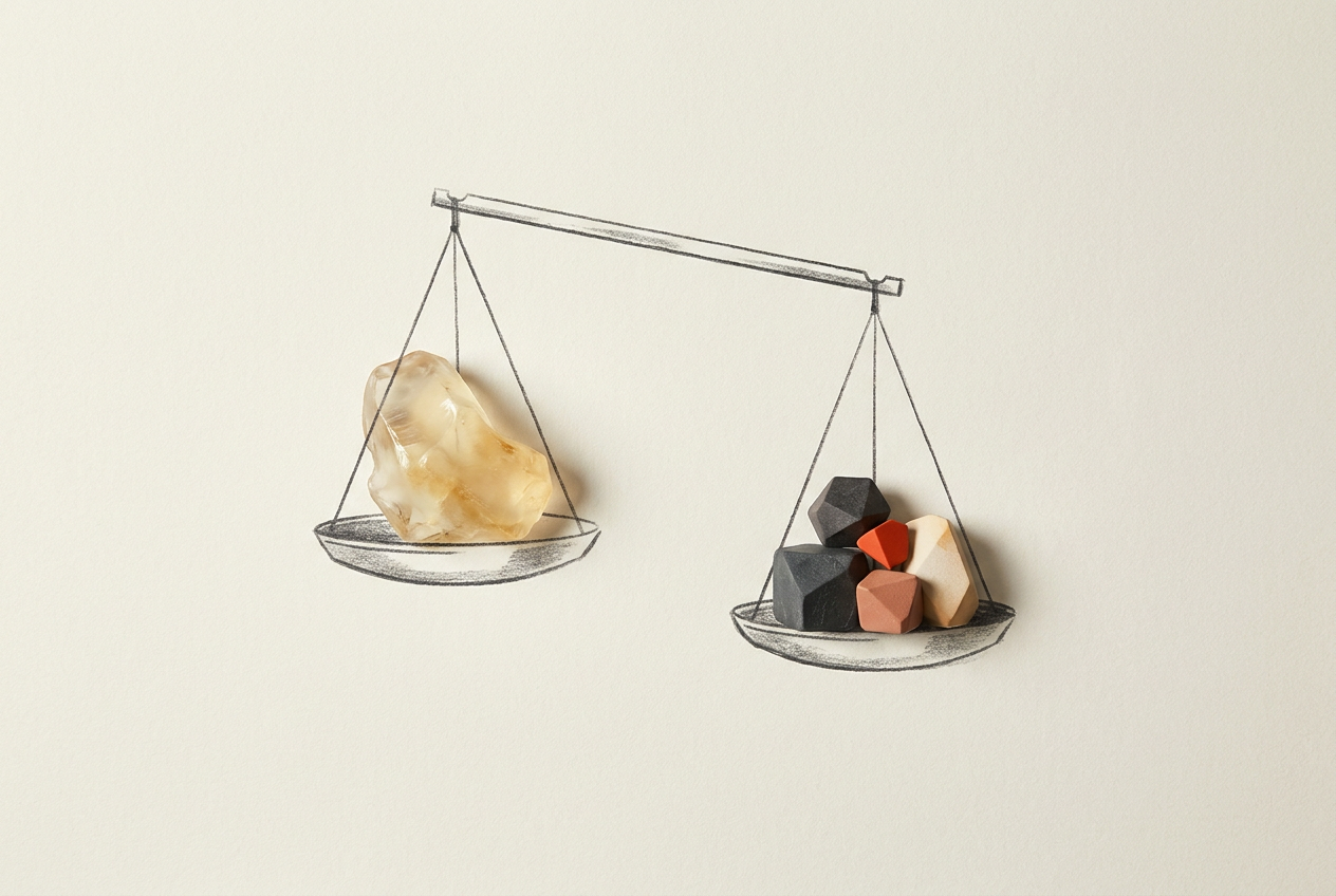 A translucent form and smaller solid stones sit on separate balance pans, contrasting apparent size with tangible weight.