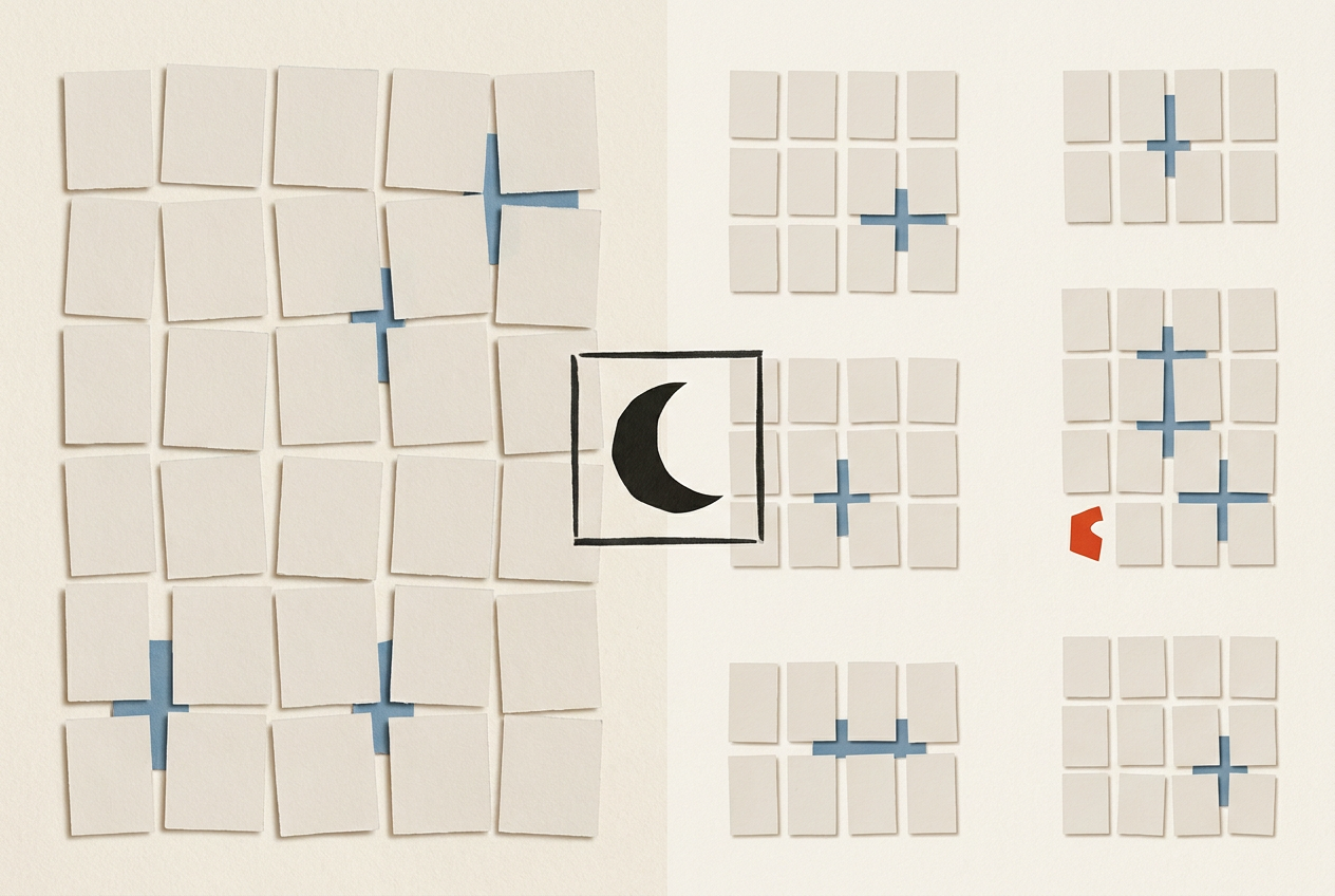 Paper forms move from inconsistent spacing to distinct groups, with a dark crescent optically centred inside a square frame.