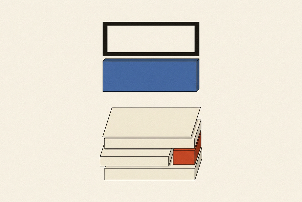 An empty rectangular outline and a matching blue panel surrounded by evenly aligned paper blocks.