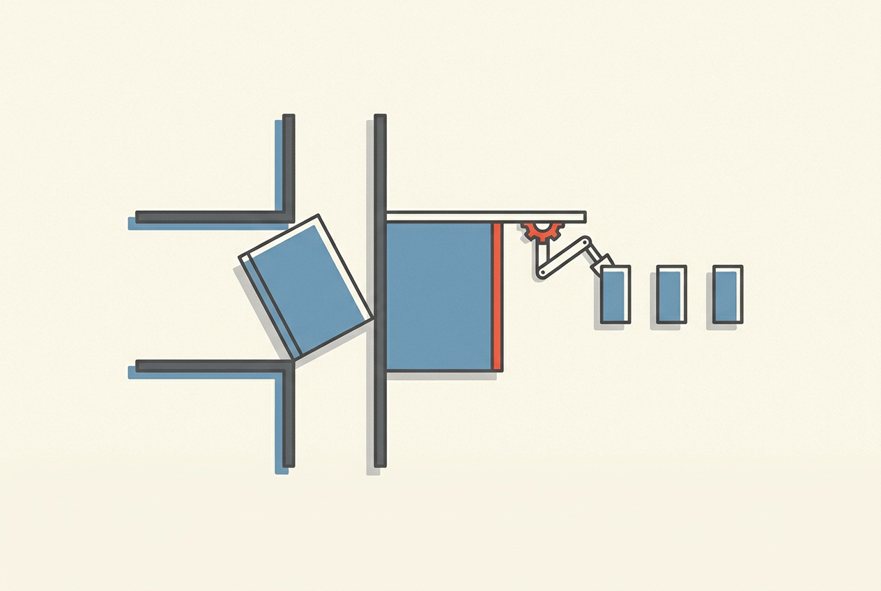 A repositioned block clears a passage before a mechanical arm moves pieces through it.