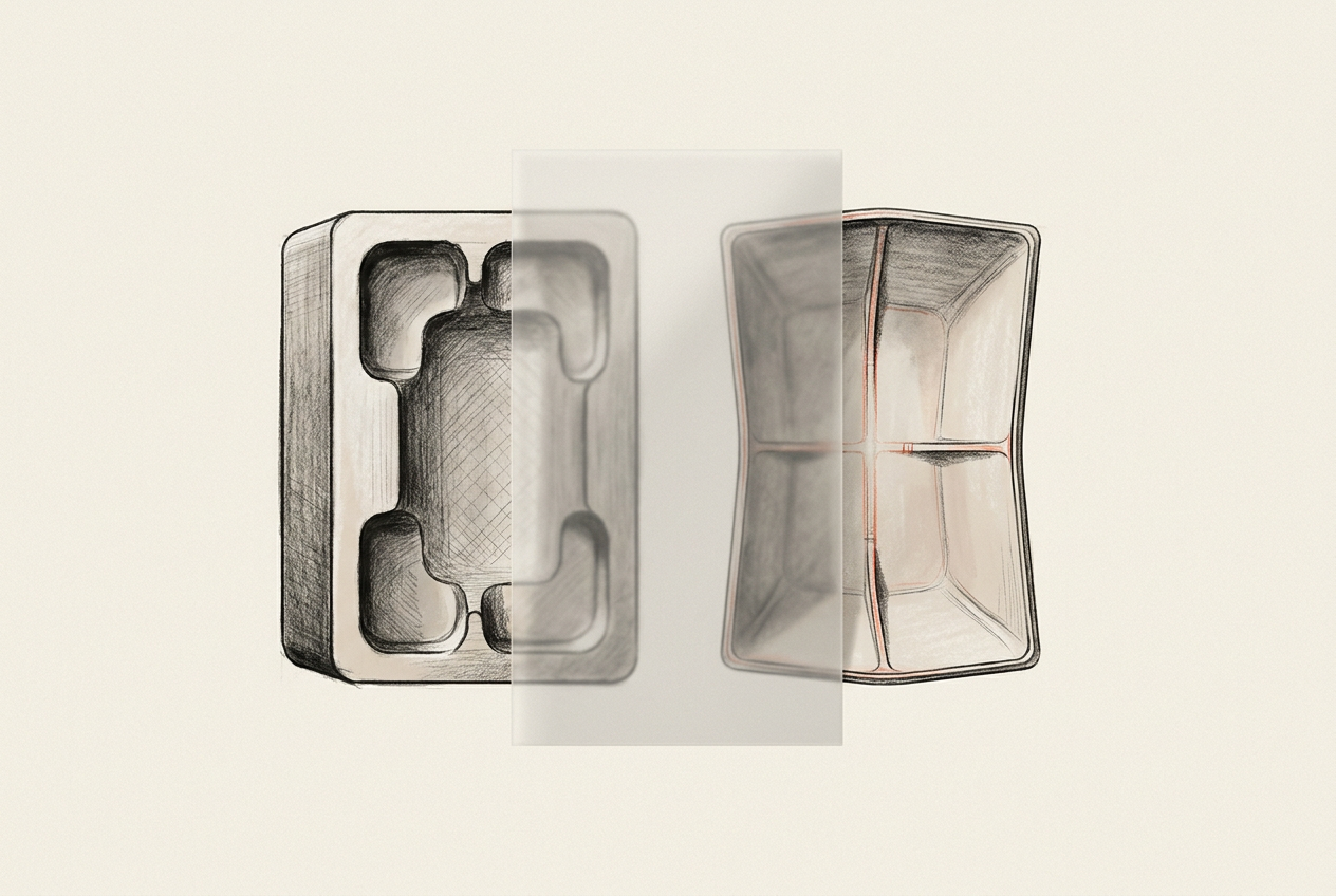 Two abstract shells contrast thick machined walls and rounded pockets with thin drafted walls and reinforcing ribs.