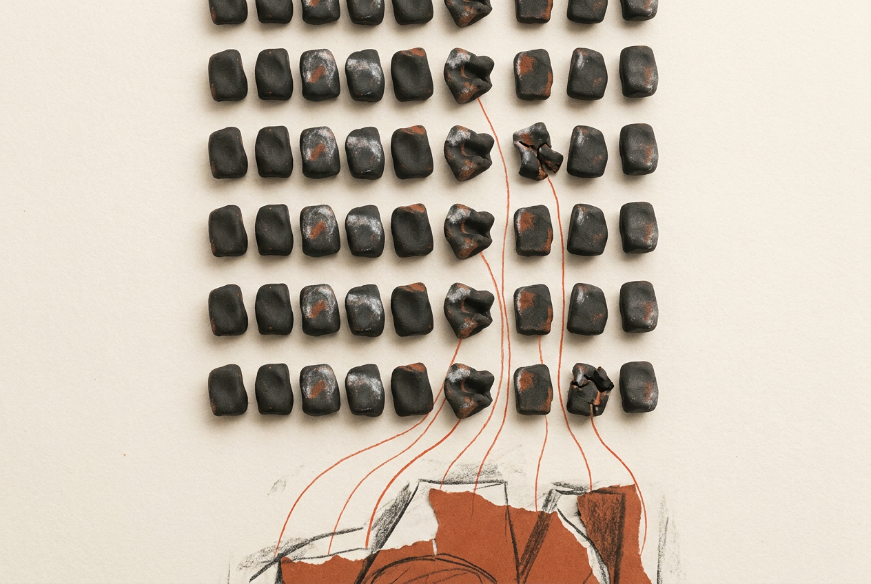 Rows of clay forms with a few distortions connected by red threads to distinct underlying layers.