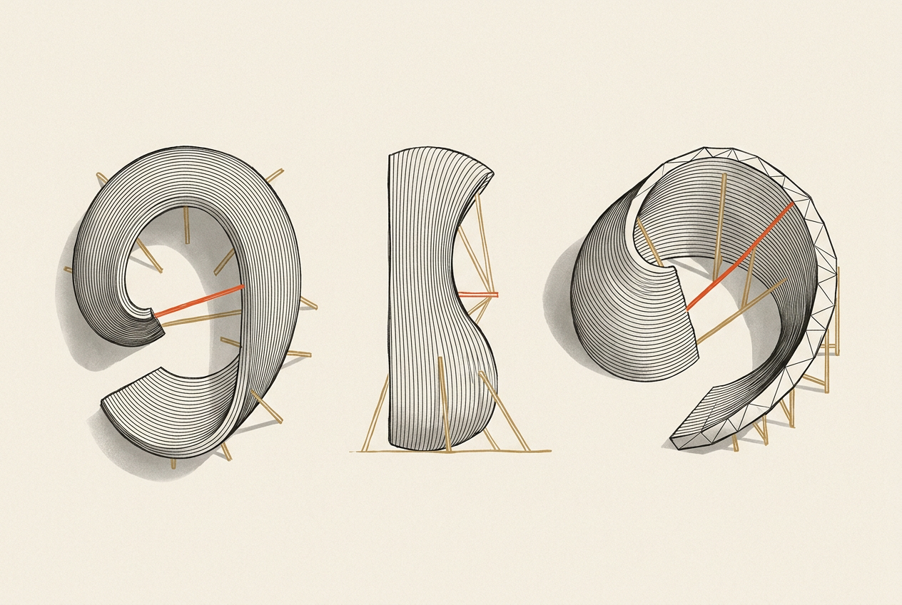 A hollow curved form shown in three orientations with layered surfaces, temporary supports and one faceted edge.