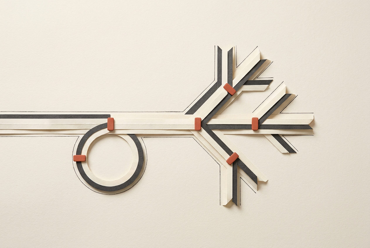 Paper channels branch around obstacles, with one interrupted route returning to its starting point.