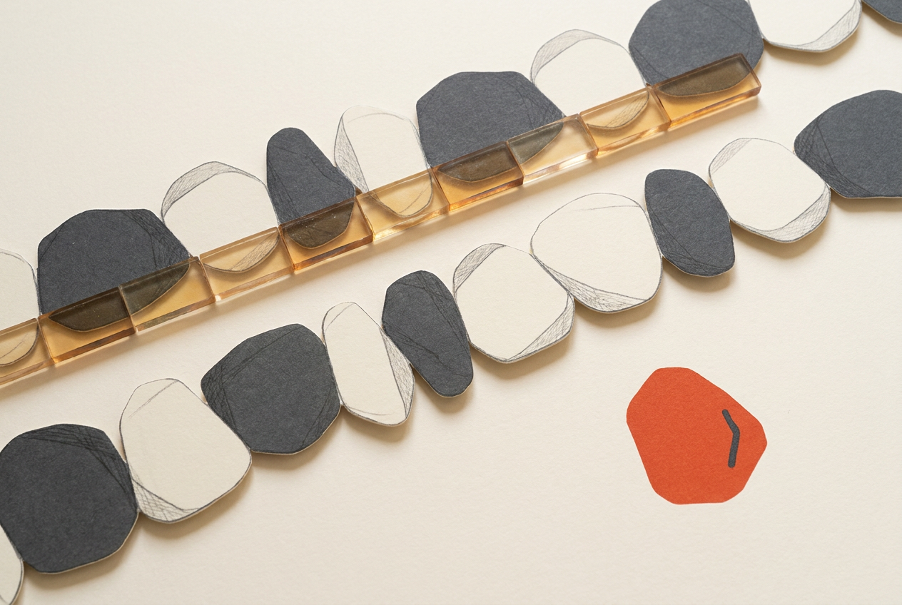 Two rows of modular shapes linked by amber adapters, with one irregular piece set aside.