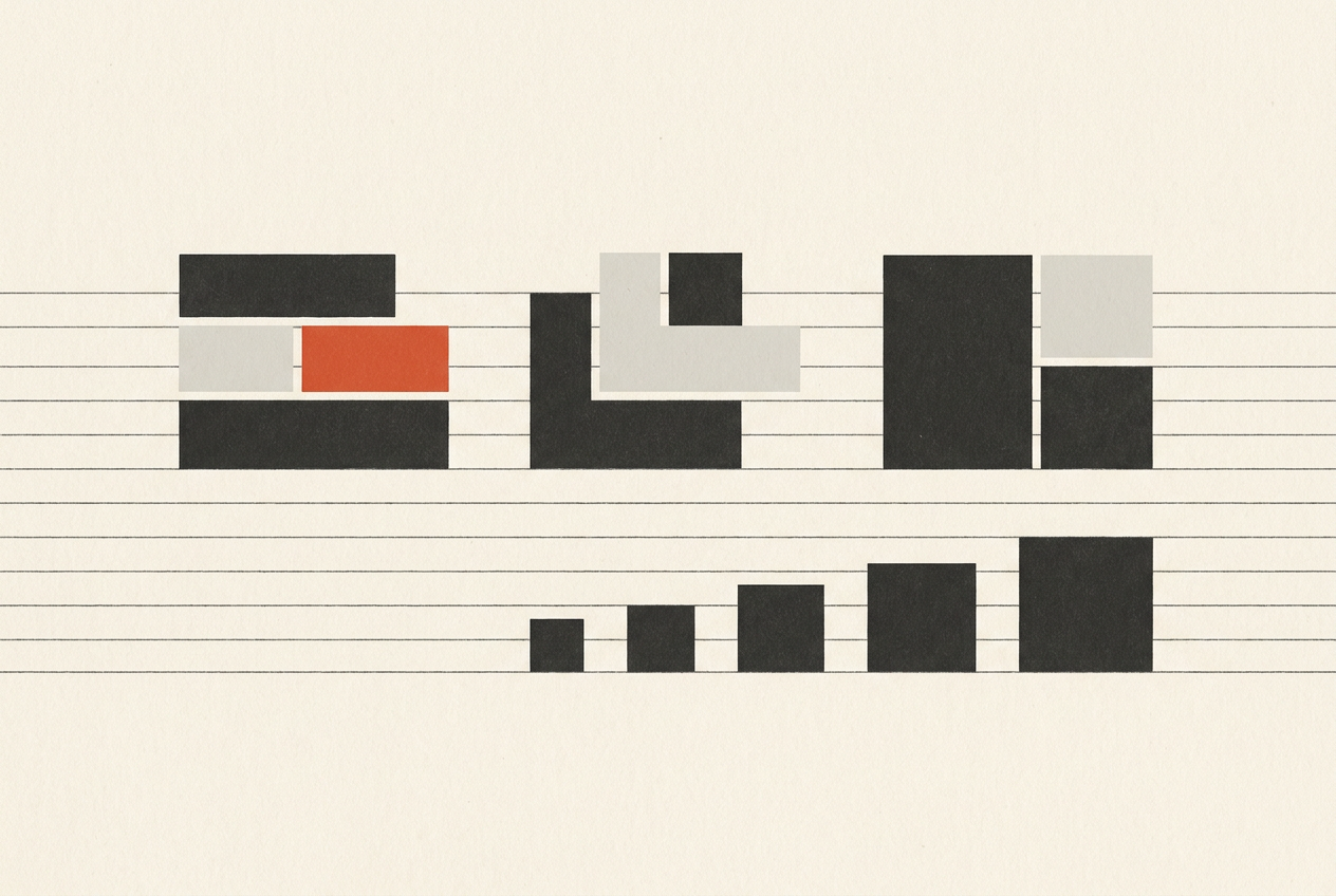 Repeated horizontal rules organise blocks of different heights beside a sequence of progressively larger squares.