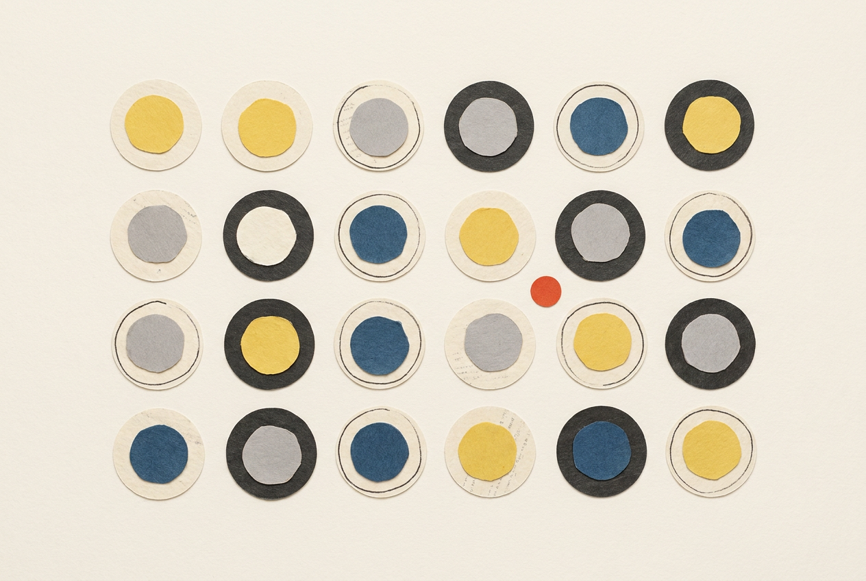 Paired coloured discs show faint and distinct boundaries as the same foreground colours move between light and dark backgrounds.