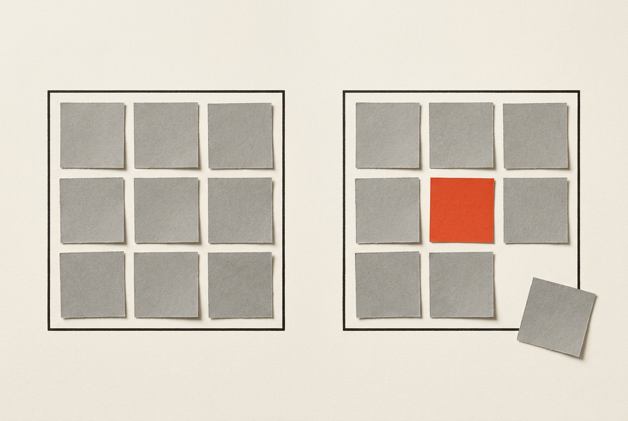 Two tile arrangements show how adding a new piece to a fixed boundary requires removing another.