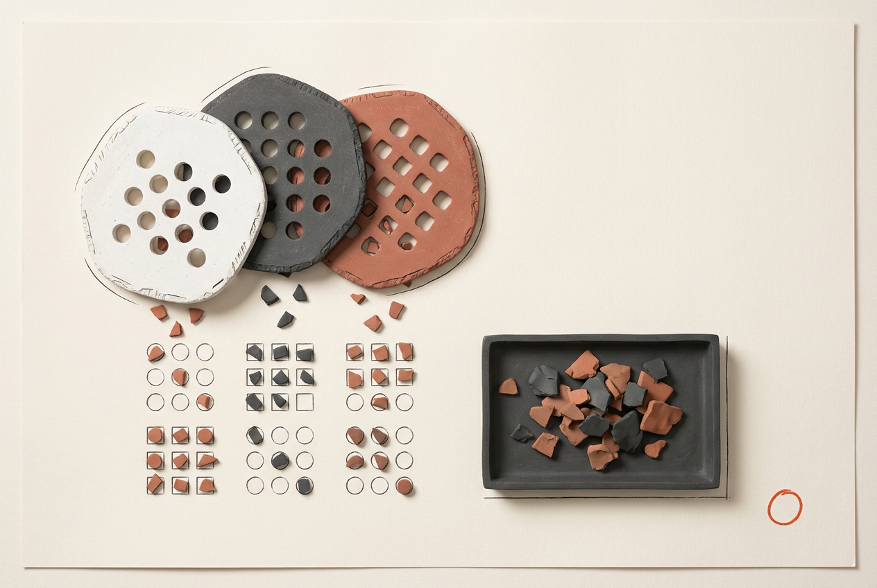 Clay pieces pass through three stone filters, while incompatible pieces collect in a separate tray.