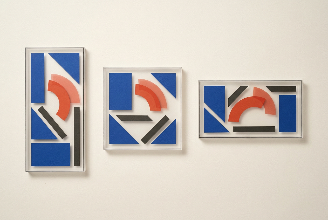 Three differently shaped frames contain related geometric arrangements with repeated colours, spacing and a translucent arc.