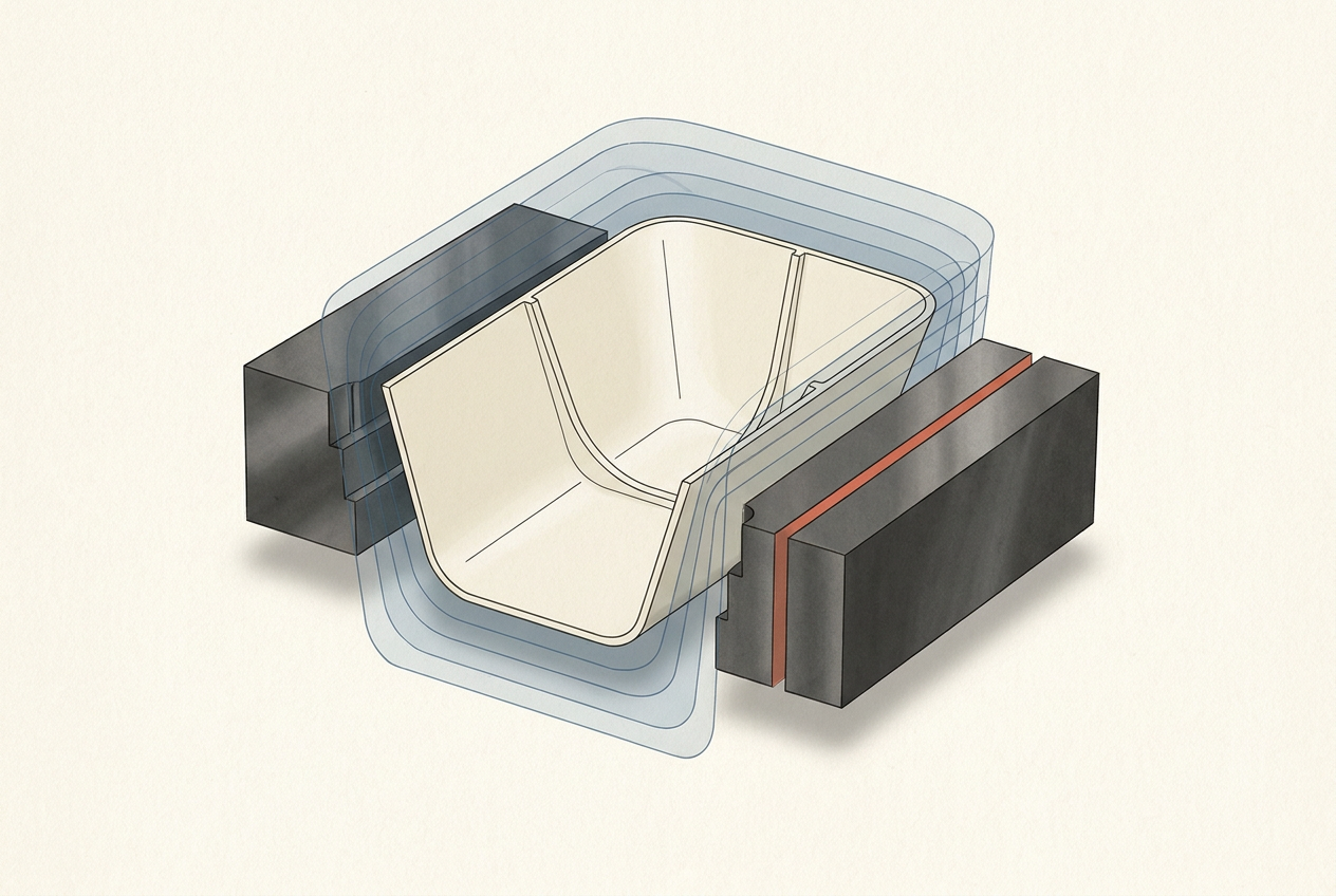 Sectioned shell with tapered walls and thin ribs between separated mould-like forms.