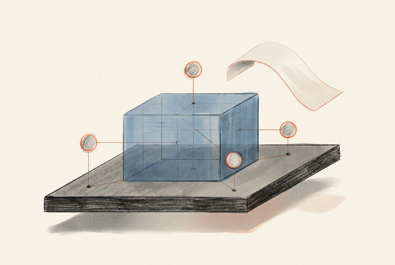 A foundation plane supports a translucent volume and connected circular forms, while a finishing fragment sits separately.