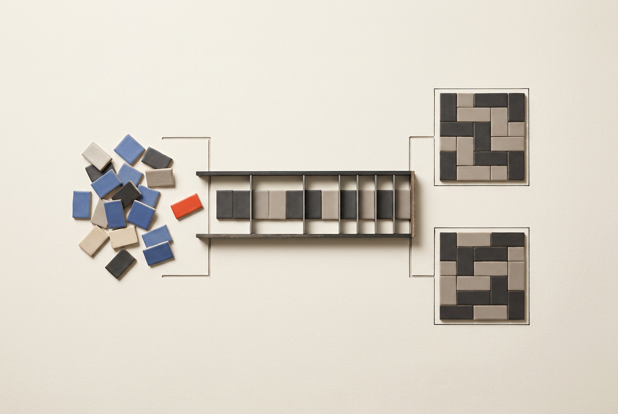 Coloured tiles pass through a geometric frame into matching arrangements, while one misaligned tile remains outside.