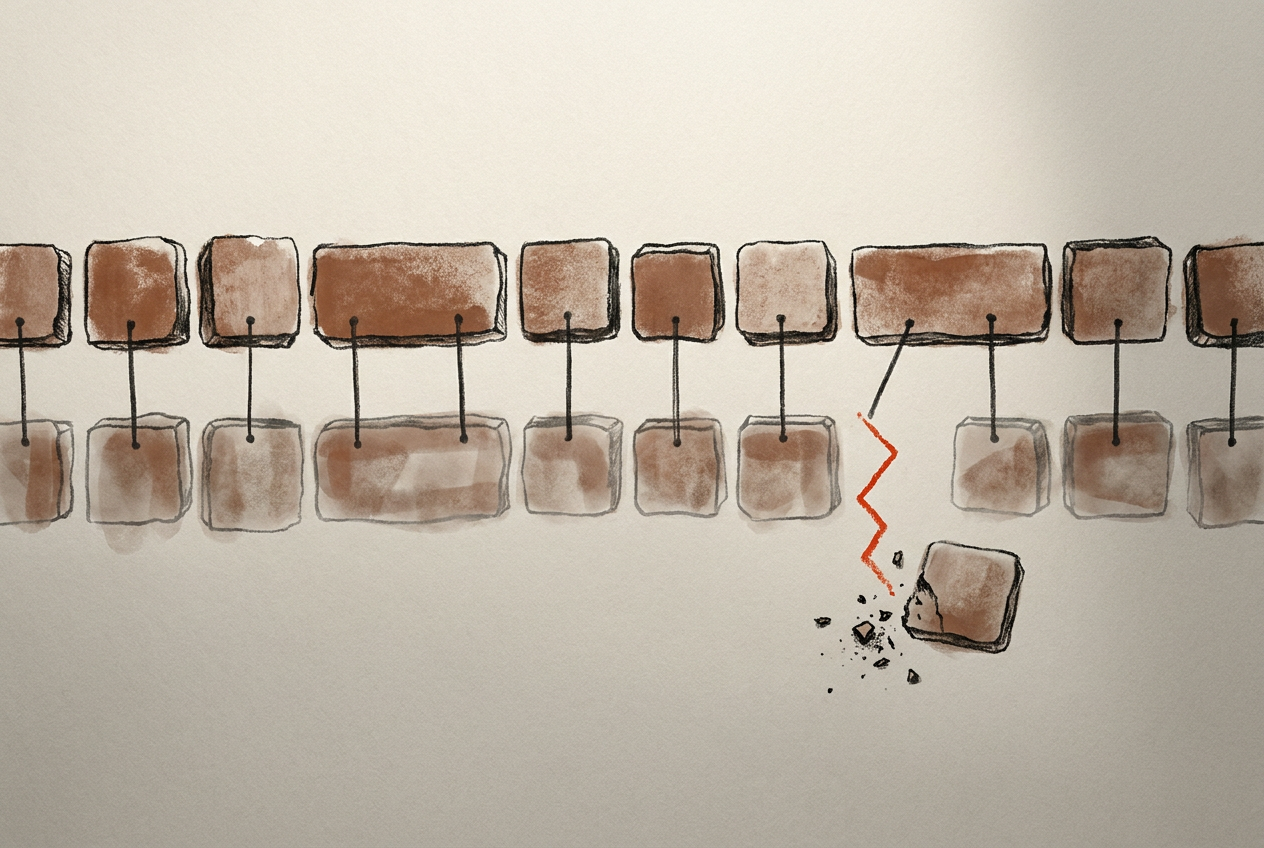 Paired rows of blocks with matching connections and one displaced block breaking the alignment.