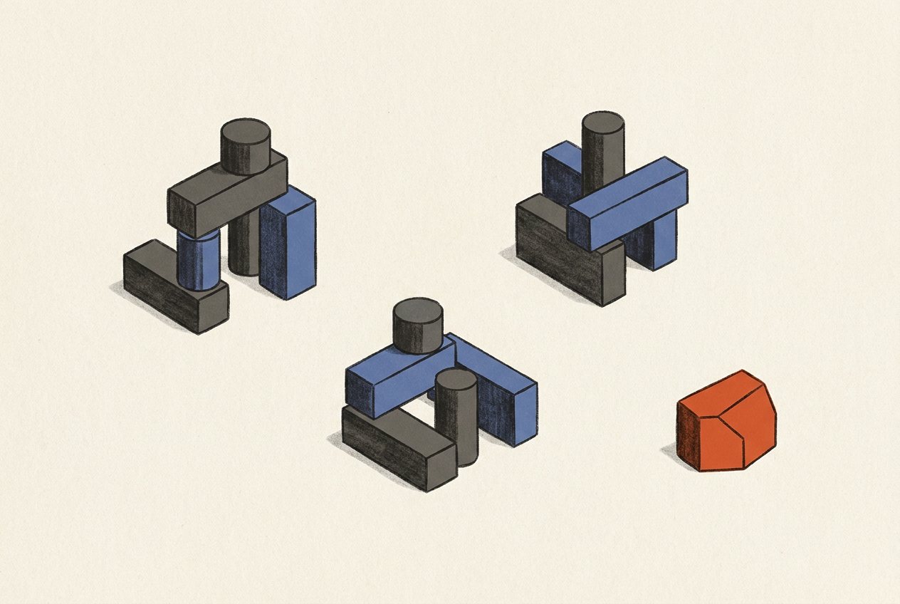 Three arrangements reuse the same geometric pieces, with one differently shaped piece left outside the groups.