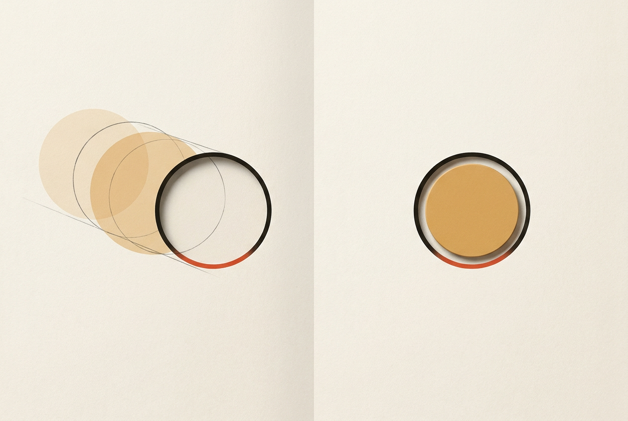 Two matching discs occupy matching recesses, one with a motion trail and one without.