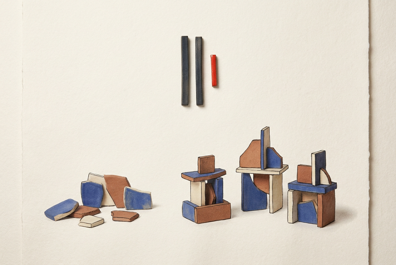Small ceramic samples, grouped geometric assemblies and isolated accent pieces arranged in three distinct bands.