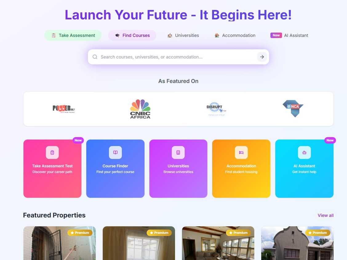 A curated student platform that enables candidates to apply to multiple institutions through a single application while finding suitable student accommodation in one place.
