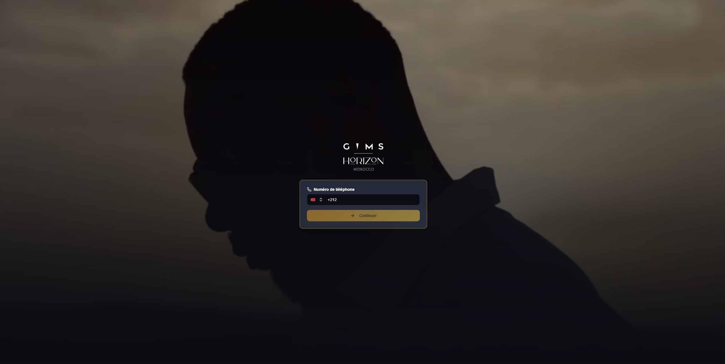 GIMS and Horizon sign-in screen with the bidder phone login over a dark, cinematic background
