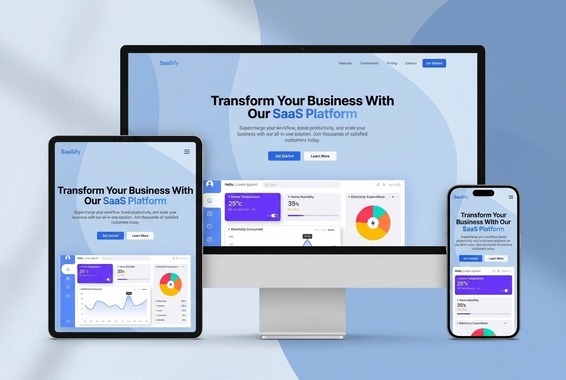 SaaSify landing page and dashboard screens shown across a desktop monitor, tablet and phone