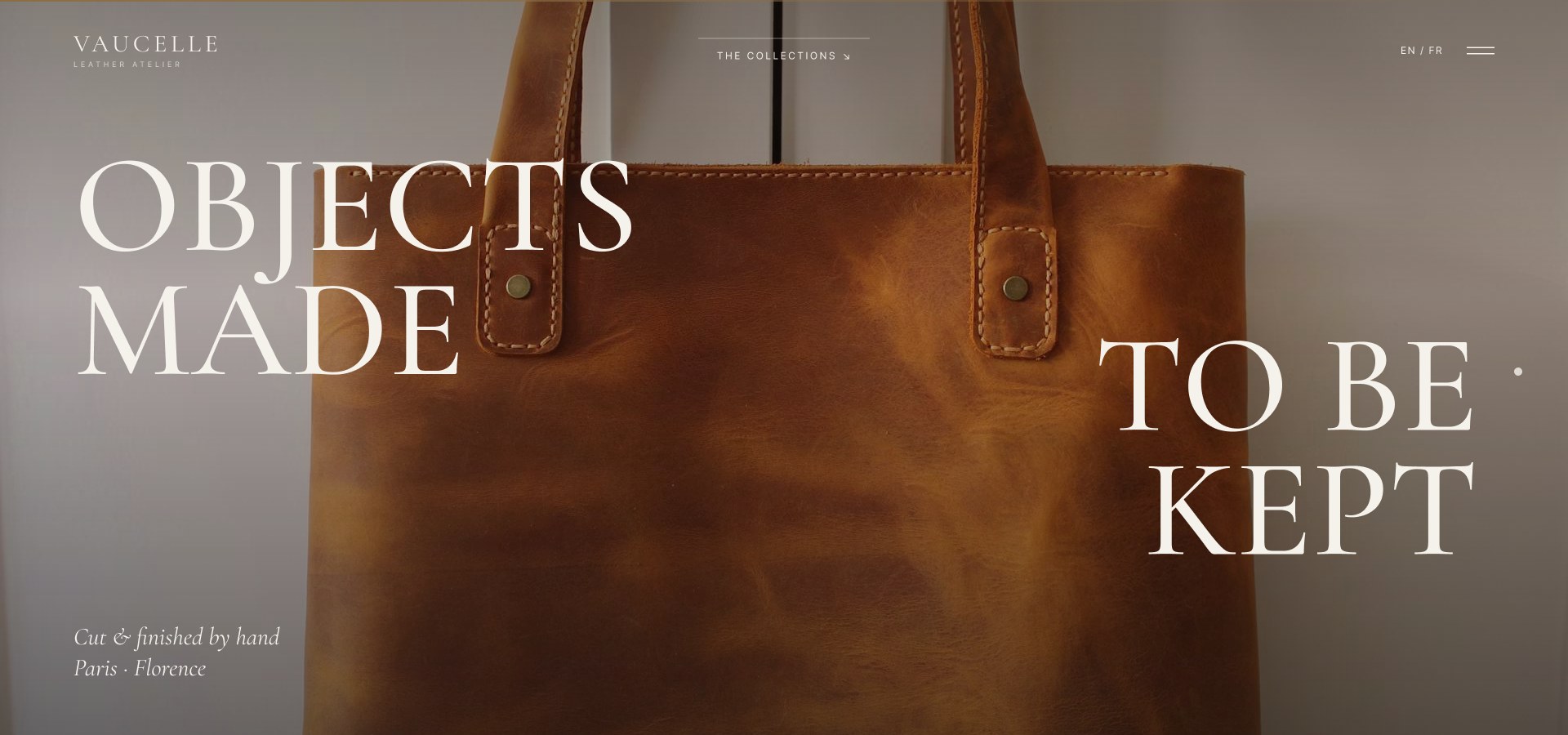 Vaucelle homepage hero with a tan leather tote and the headline Objects made to be kept